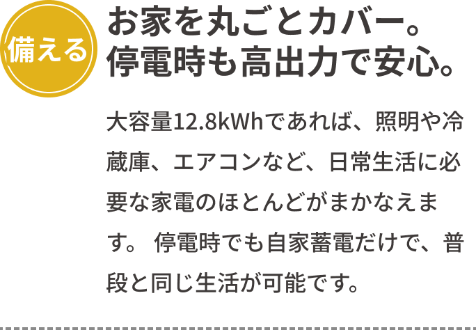「備える」お家を丸ごとカバー。停電時も高出力で安心。大容量12.8kWhであれば、照明や冷蔵庫、エアコンなど、日常生活に必要な家電のほとんどがまかなえます。停電時でも自家蓄電だけで、普段と同じ生活が可能です。
